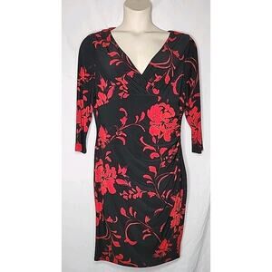 Lauren Ralph Lauren Midi Dress Women's Size 16 Jersey Surplice Black Red Floral